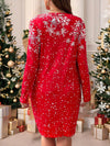 Cozy Plus Size Snowflake Print Crew Neck Dress for Autumn & Christmas