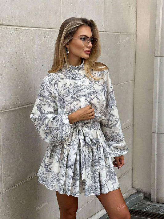 Chic & Effortless: Fashionable Long Sleeve Tie-Waist Dress with Unique Prints