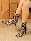 Chic Leopard Print Pointed Toe High Heel Boots with Stylish Metal Buckle - Elevate Your Look