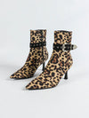 Chic Leopard Print Pointed Toe High Heel Boots with Stylish Metal Buckle - Elevate Your Look