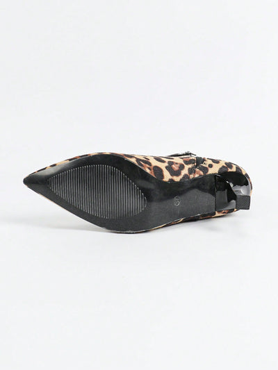 Chic Leopard Print Pointed Toe High Heel Boots with Stylish Metal Buckle - Elevate Your Look