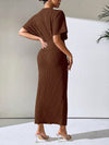 Chic Elegance: Women's Solid Color V-Neck Batwing Dress with Ruched Slit