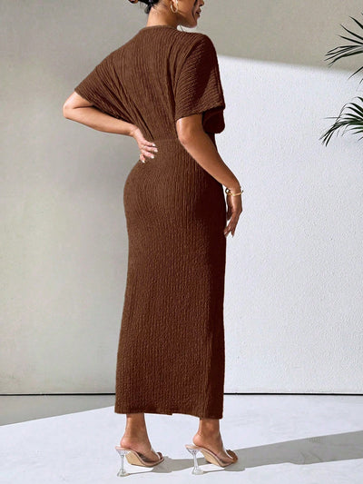 Chic Elegance: Women's Solid Color V-Neck Batwing Dress with Ruched Slit