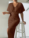 Chic Elegance: Women's Solid Color V-Neck Batwing Dress with Ruched Slit