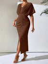 Chic Elegance: Women's Solid Color V-Neck Batwing Dress with Ruched Slit