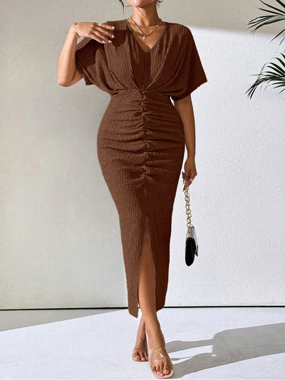 Chic Elegance: Women's Solid Color V-Neck Batwing Dress with Ruched Slit