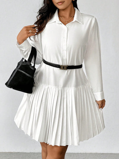 Chic Pleated Hem Plus Size Button-Up Long Sleeve Shirtdress for Effortless Style