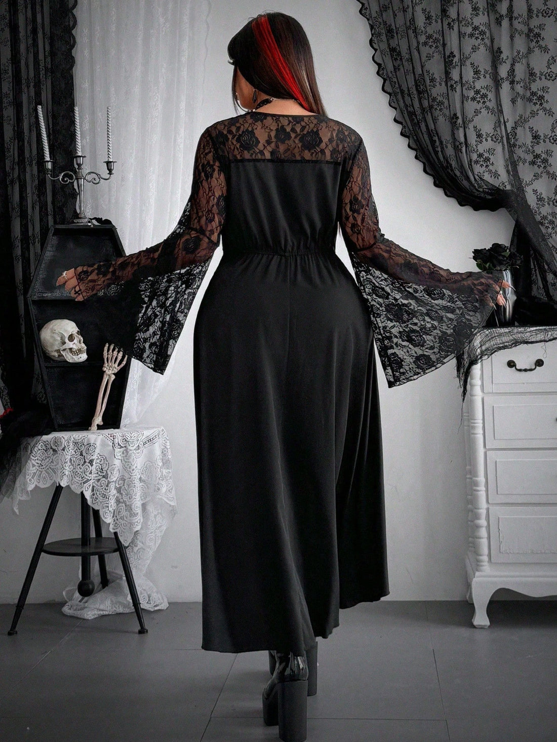 Get ready to stand out this Halloween in our Striking Plus Size Long Sleeve Dress! This bold dress features a solid hue with a daring lace-up detail that adds a touch of contrast. Perfect for any plus size fashionista looking to make a statement. Don't miss out on this striking dress!
