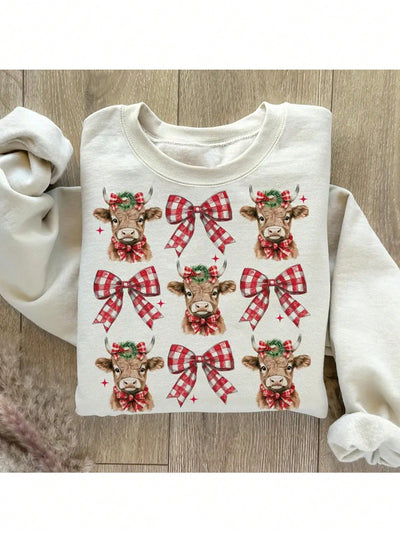 Cozy Christmas Vibes: Highland Cow Bow Print Hoodie for Women