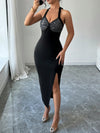 Stunning Black Sequin Halter V-Neck Dress with High Slit - Perfect for Parties!