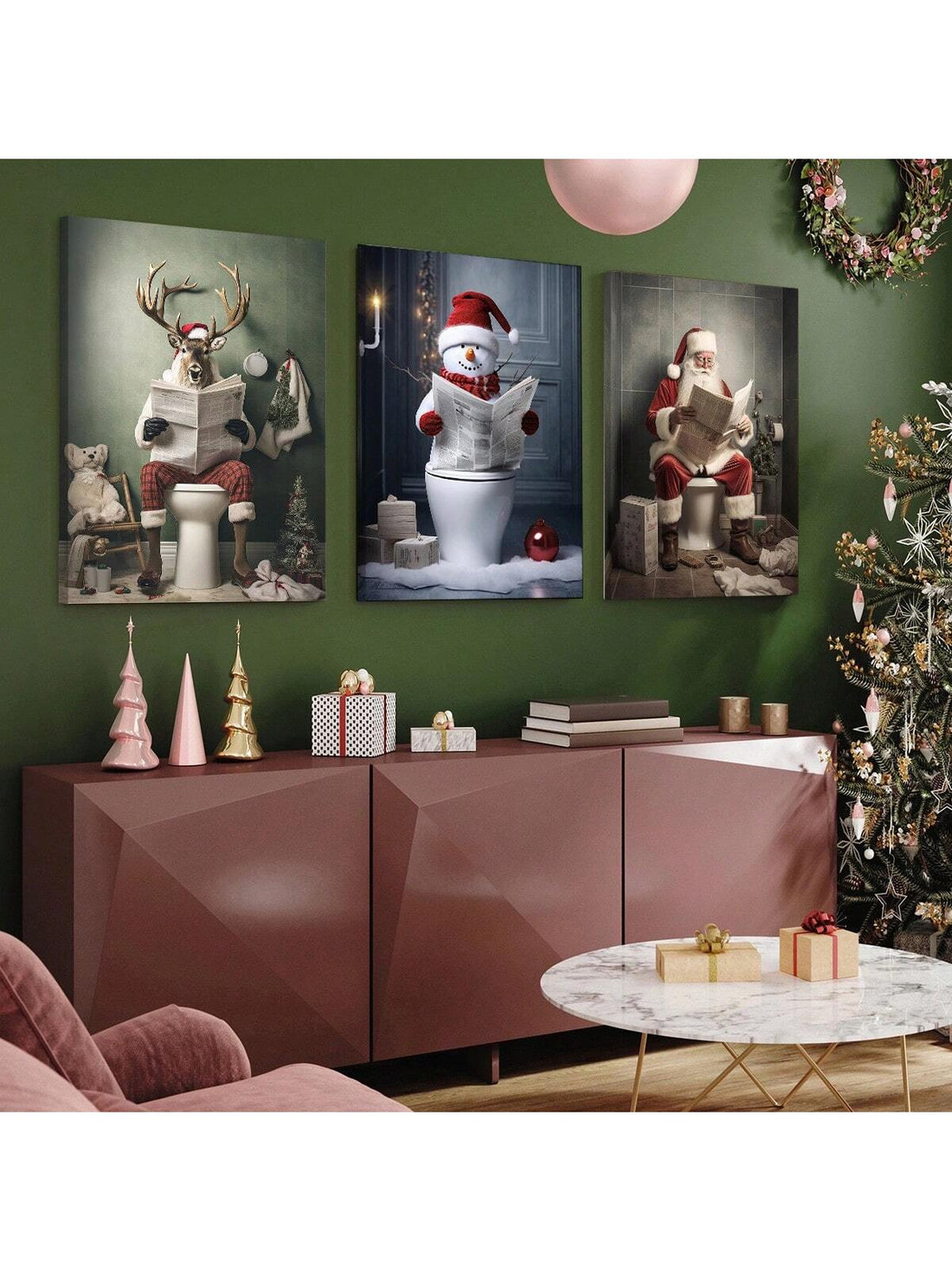 Bring some festive humor to your bathroom with our Whimsical Santa on the Toilet wall art! This fun and quirky piece will add a touch of whimsy and laughter to your holiday decor. Made from high-quality materials, it's sure to be a cheery addition to your home.