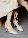 Chic Pointed-Toe Hollow-Out Chunky Heeled Pumps with Ankle Strap