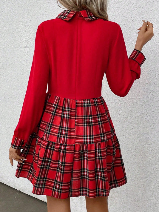 Chic Plaid Print Lapel Collar Long Sleeve Dress for Elegant Style