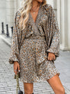 Chic Leopard Print Gold Shirred Batwing Dress for Effortless Autumn Elegance