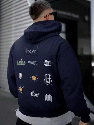 Personalized Adventure: Men's Casual Outdoor Element Print Hoodie