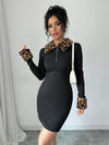 Chic Leopard Print Faux Fur Patchwork Dress with Bold Collar and Zipper Detail