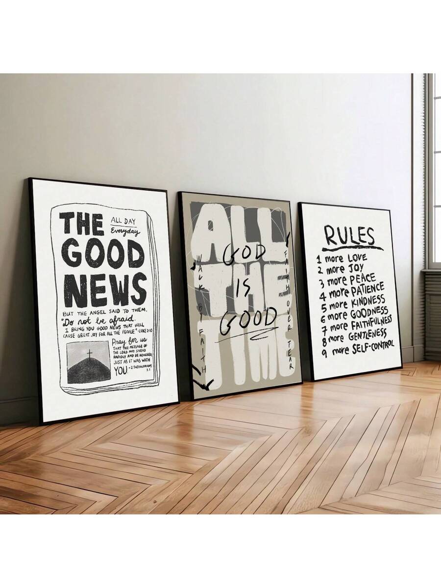 Add a touch of vintage charm and inspiration to your space with this playful set of 3 unframed Christian quote posters. Featuring retro-style art and uplifting messages, these canvas prints bring warmth and encouragement to any room. Perfect for brightening your home décor with timeless faith and a splash of nostalgic style.