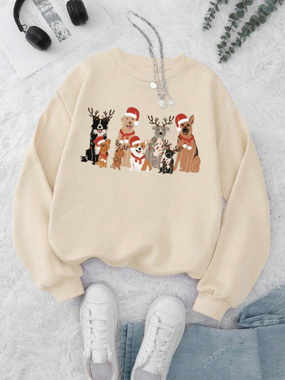 Get cozy in style with our Festive Paws sweatshirt. Made with a comfortable crew neck design, this sweatshirt features an adorable dog print that will add a touch of cuteness to any outfit. Crafted with quality materials, it's perfect for any dog lover.