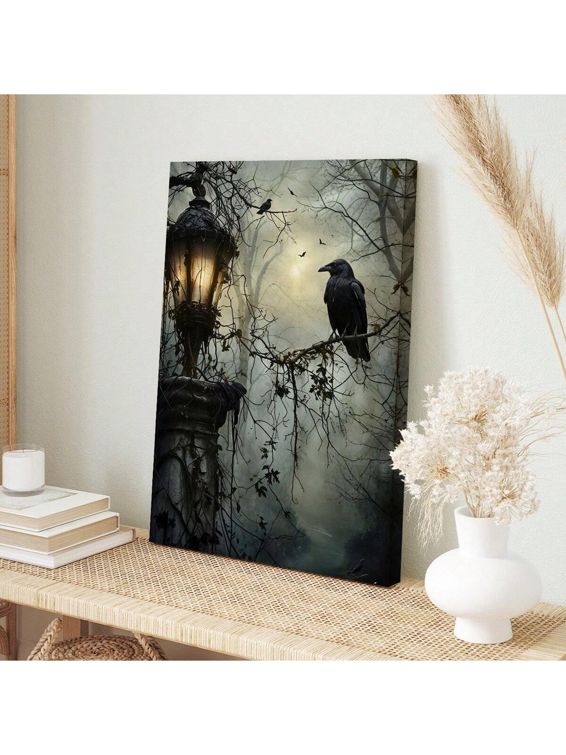 Bring a touch of spooky charm to your space with this Gothic Crow with Lantern canvas print. Perfect for adding modern Halloween vibes to your home or office, it combines eerie elegance with playful style. The striking crow perched beside a glowing lantern creates a mysterious yet inviting atmosphere that captivates attention and sparks conversation. Ideal for seasonal décor or year-round gothic flair, this canvas print brightens any wall with a hint of haunting fun.