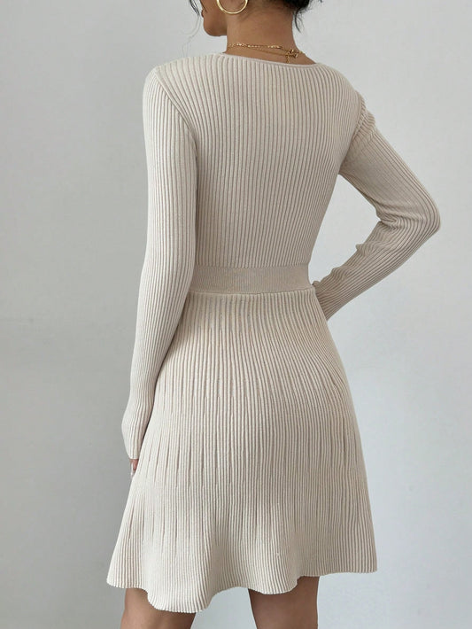 Chic Elegance: Apricot Crossover Wrap Sweater Dress for Autumn/Winter