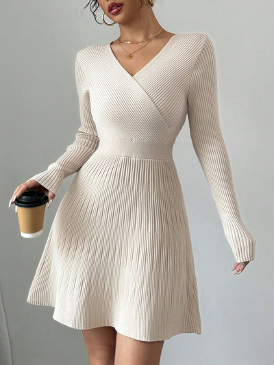 Chic Elegance: Apricot Crossover Wrap Sweater Dress for Autumn/Winter