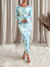 Chic Marble Print Dress for Women - Versatile Round Neck, Long Sleeve, Perfect for Autumn & Winter