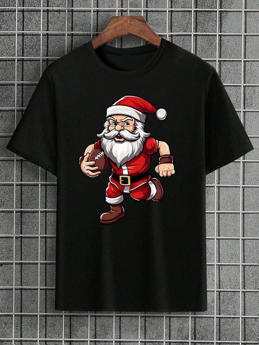 Festive Fun: Men's Christmas Cartoon Football Santa Graphic T-Shirt