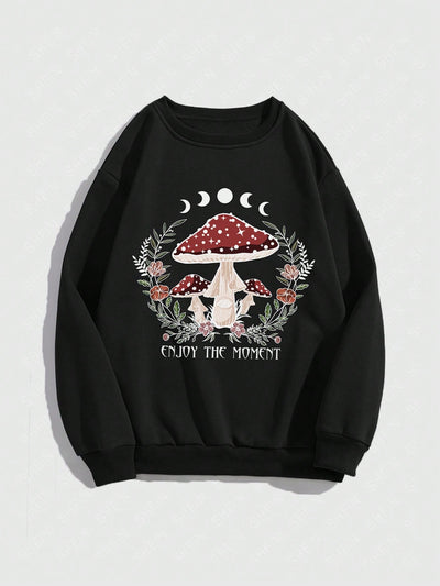 Retro Mushroom Print Goth Crew Neck Sweatshirt – Embrace Eclectic Style