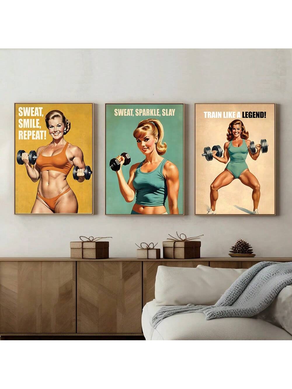 Enhance your space with our set of 3 vintage women's bodybuilding art posters. Showcasing powerful women and their strength, these unframed posters will add a unique touch to any room. Empower yourself and others with these inspiring images.