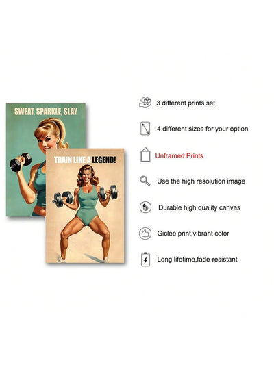 Empower Your Space: Set of 3 Unframed Vintage Women's Bodybuilding Art Posters