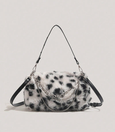 Luxury Leopard Fluffy Shoulder Bag: Elegant, Lightweight Pillow Handbag with Metal Chains