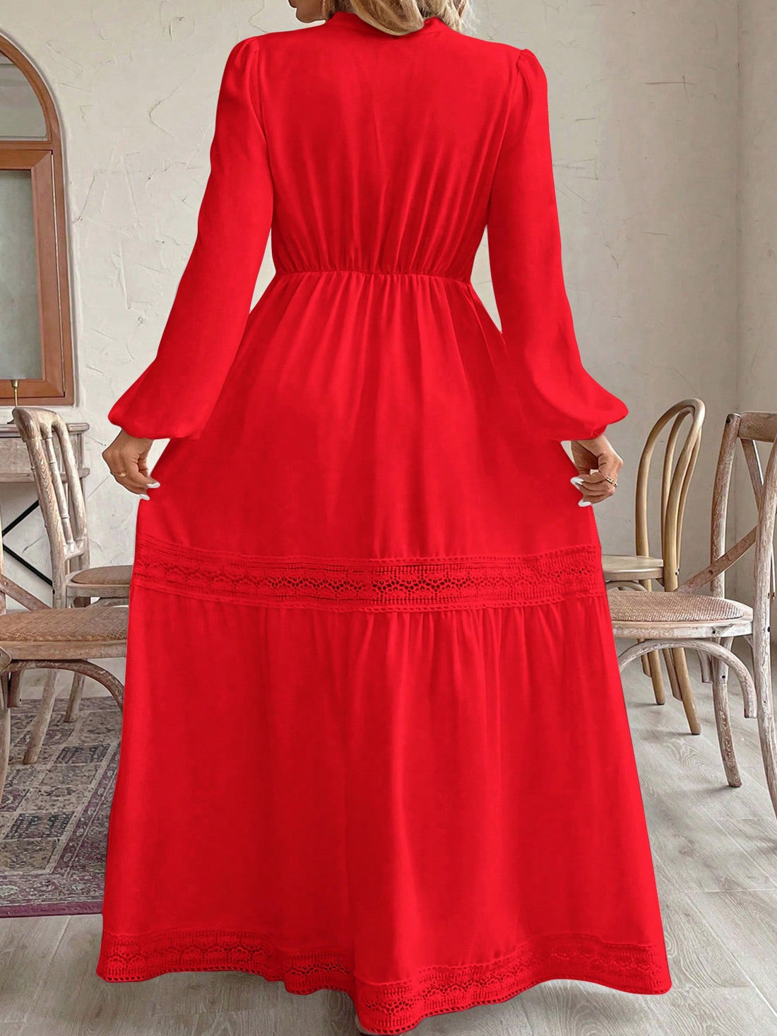 Look elegant and confident in our plus size dress with a unique notched neck and contrast lace detailing. The lantern sleeves add a touch of whimsy and playfulness to this stunning piece. Perfect for nights out or special occasions. (Plus, the lace is guaranteed to make you feel like a total lace queen!)