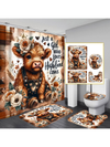 Cute Cow & Yak Bathroom Set - Floral Shower Curtain, Non-Slip Mats, and Toilet Seat Cover