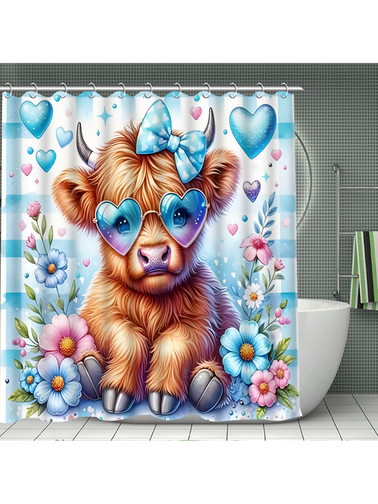 Cute Cow & Yak Bathroom Set - Floral Shower Curtain, Non-Slip Mats, and Toilet Seat Cover