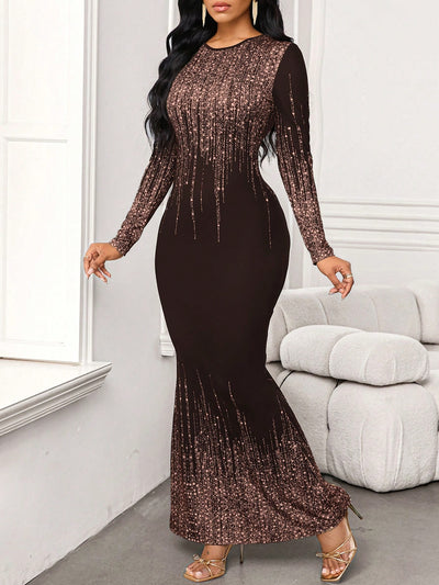 Elegant Sequin-Printed Long Dress for Sophisticated Wedding Guests