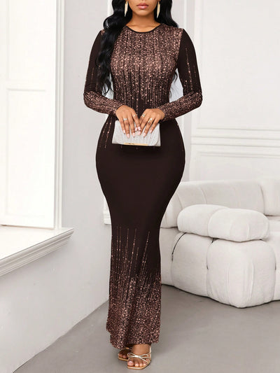 Elegant Sequin-Printed Long Dress for Sophisticated Wedding Guests