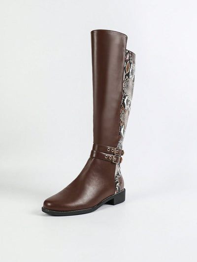 Chic Brown Mid-Calf Boots with Metal Buckle & Side Zipper – Stylish & Comfortable Winter Footwear