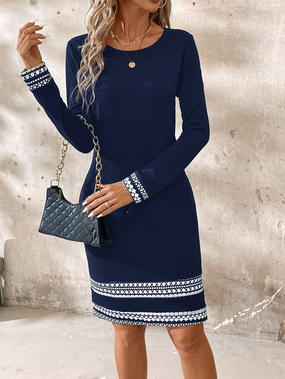 Elegant Contrast Color Geometric Print Long Sleeve Fitted Dress for Spring & Autumn