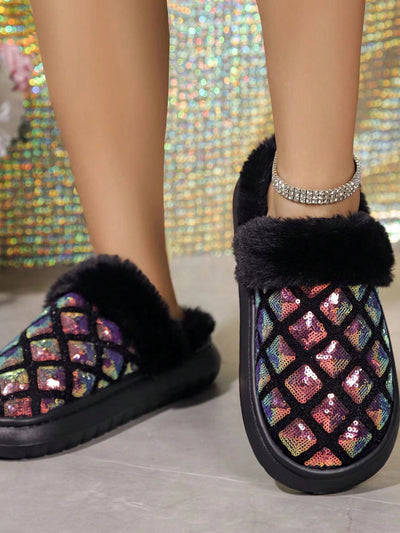 Sparkling Comfort: Glitter-Embellished Slip-On House Slippers with Warm Lining