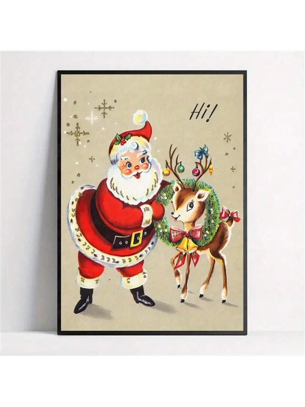 Bring nostalgic holiday magic to your walls with this charming vintage Santa and reindeer canvas art print. Featuring classic retro aesthetics and warm, cheerful colors, this festive piece captures the whimsical spirit of Christmas past. Perfect for living rooms, bedrooms, or seasonal displays, it adds instant holiday cheer to any space. Whether you're decorating for the season or keeping the festive vibes year-round, this delightful print celebrates the joy and wonder of Santa's sleigh ride. A timeless add
