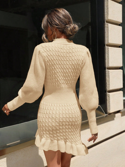 Chic Autumn Elegance: Solid Color Long Sleeve Ruffle Hem Sweater Dress