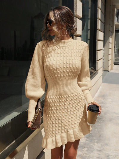 Chic Autumn Elegance: Solid Color Long Sleeve Ruffle Hem Sweater Dress