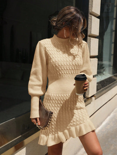 Chic Autumn Elegance: Solid Color Long Sleeve Ruffle Hem Sweater Dress