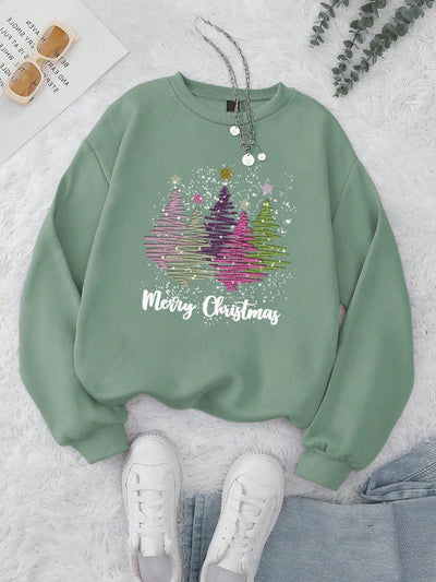 Festive Fleece: Glitter Letter Print Christmas Tree Sweatshirt for Women