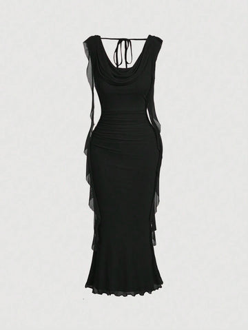 Back view black mesh maxi dress with scoop back and tie