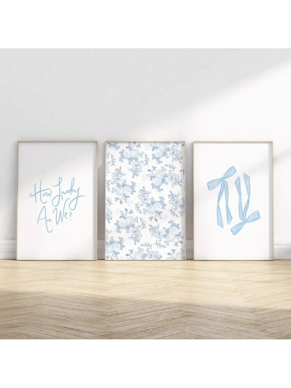 Transform your space with this delightful trio of unframed blue bow flower posters that bring effortless charm to any room. Each piece features whimsical botanical designs with charming bow accents in soothing blue tones, perfect for creating a cohesive gallery wall or scattered throughout your home. Ideal for dorm rooms, bedrooms, living spaces, or anywhere you want to add a touch of minimalist coastal vibes without the commitment of framing. Mix and match with your existing decor or layer them for maximum