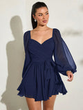 Navy blue chiffon mini dress with sweetheart neckline wrap bodice waist tie and sheer balloon sleeves