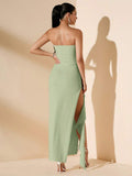 Back view sage green strapless maxi dress with high side slit and long skirt