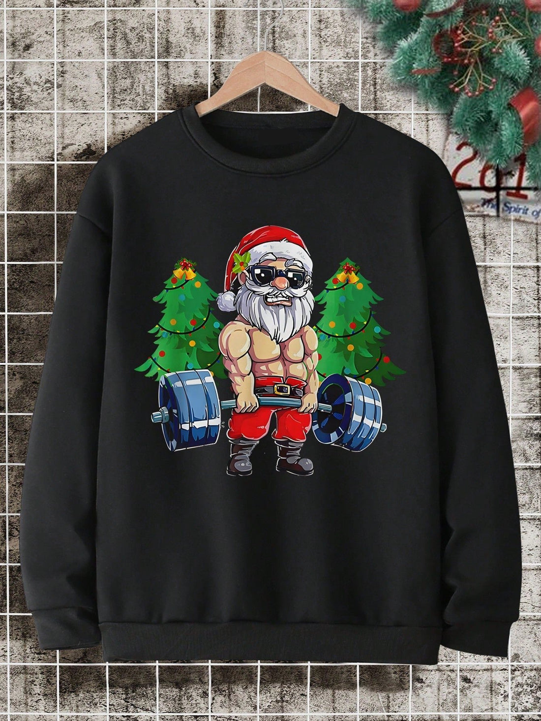 Boost your holiday cheer with this Festive Gains sweatshirt featuring Santa lifting weights. Stay cozy and stylish with its fleece material and classic crew neck design. Perfect for showing off your festive spirit and staying active during the holiday season.