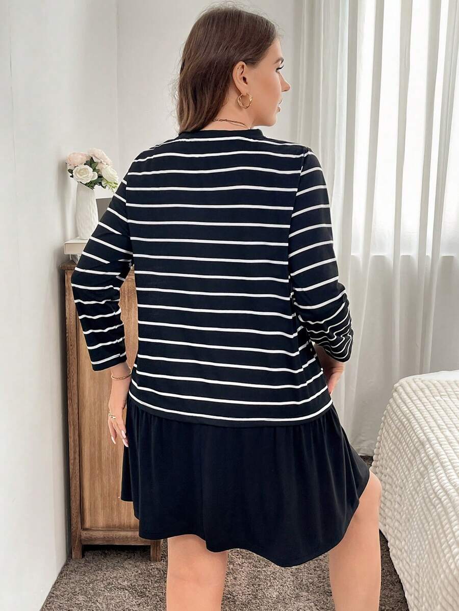 Turn heads this autumn with our Plus Size Striped Ruffle Hem Dress! Featuring a fun round neck and playful ruffle hem, this casual dress adds bounce and charm to your everyday look. The classic stripes mix comfort with style, perfect for cozy days out or relaxed gatherings. Embrace the season with a dress made to flatter and delight!